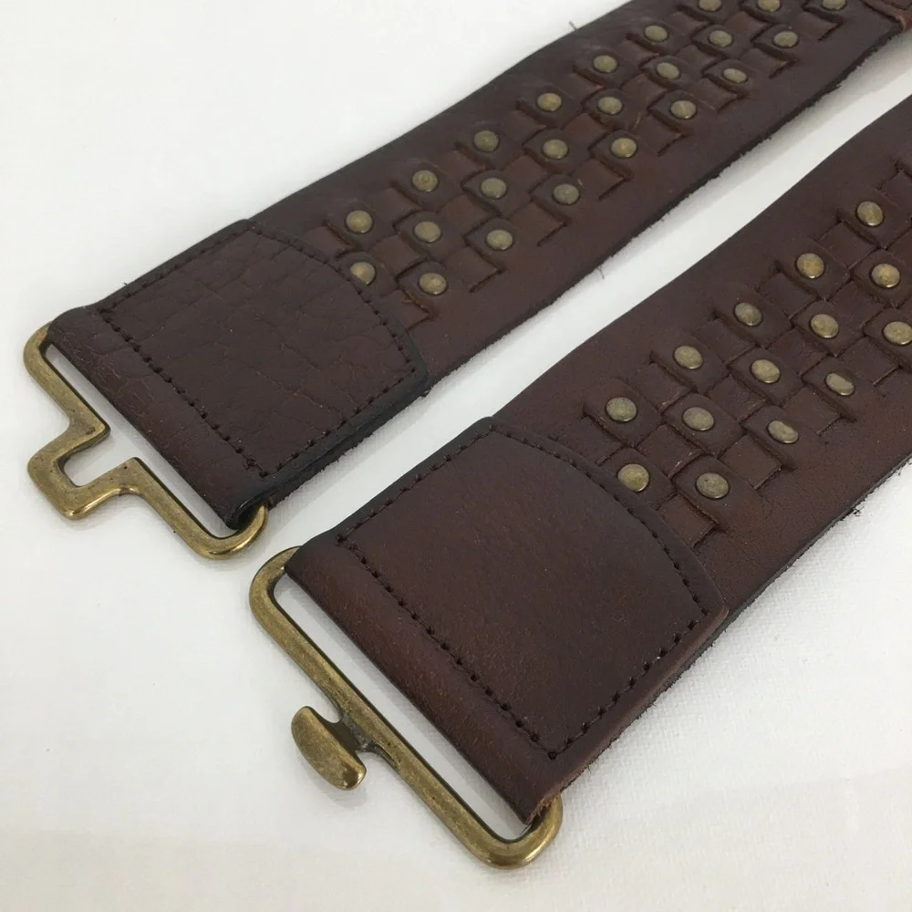 Wide Boho Woven Leather Stretchy Belt Brown with Brass Studs Women’s Size L/XL